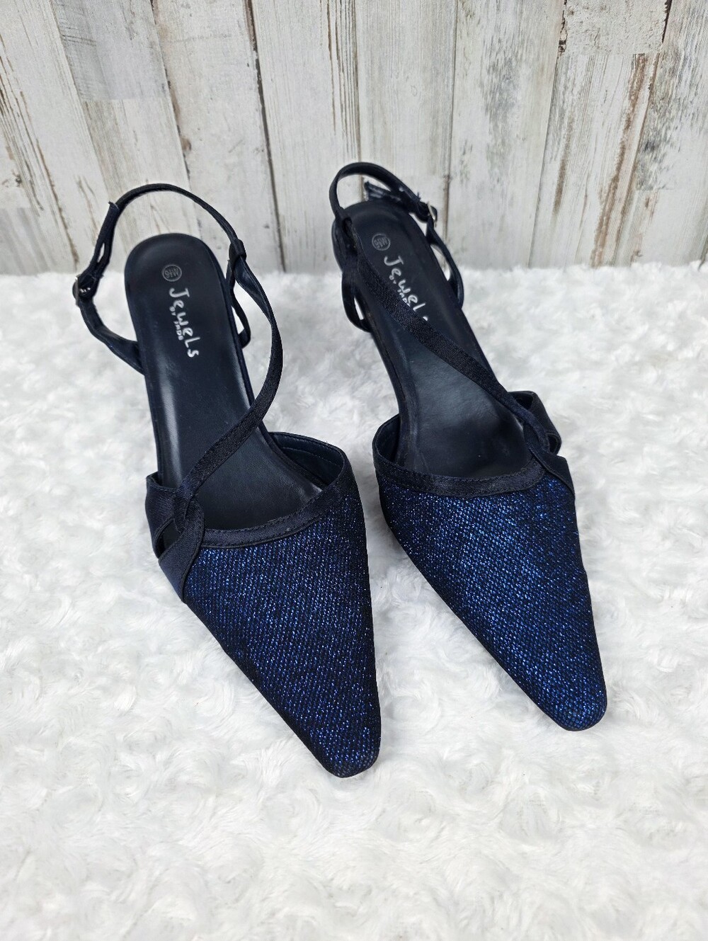 Jewels By Jade Navy Sparkle Pointed Toe Slingback Heels Size 9.5